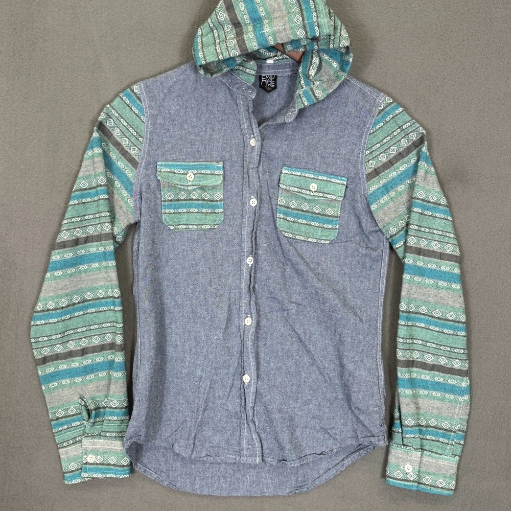 Empyre Hooded Flannel Shirt Women S Blue Aztec Tribal Print Boho Casual Layer